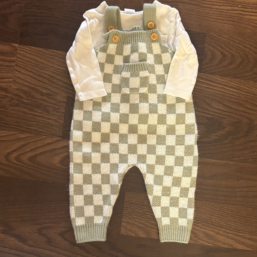 Checkered Knit Overalls with White Top